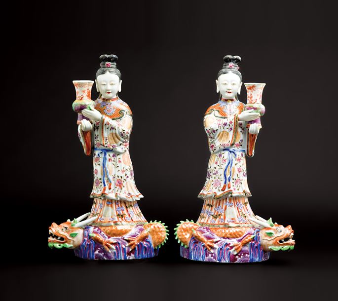GG: Pair of Chinese porcelain maiden figures modelled as flattened wall sconces with vases | MasterArt